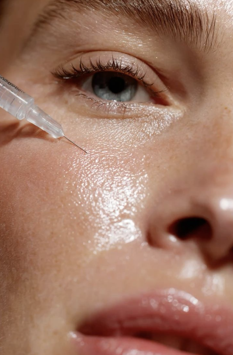 Close-up of a person's face with a syringe injecting into the cheek.