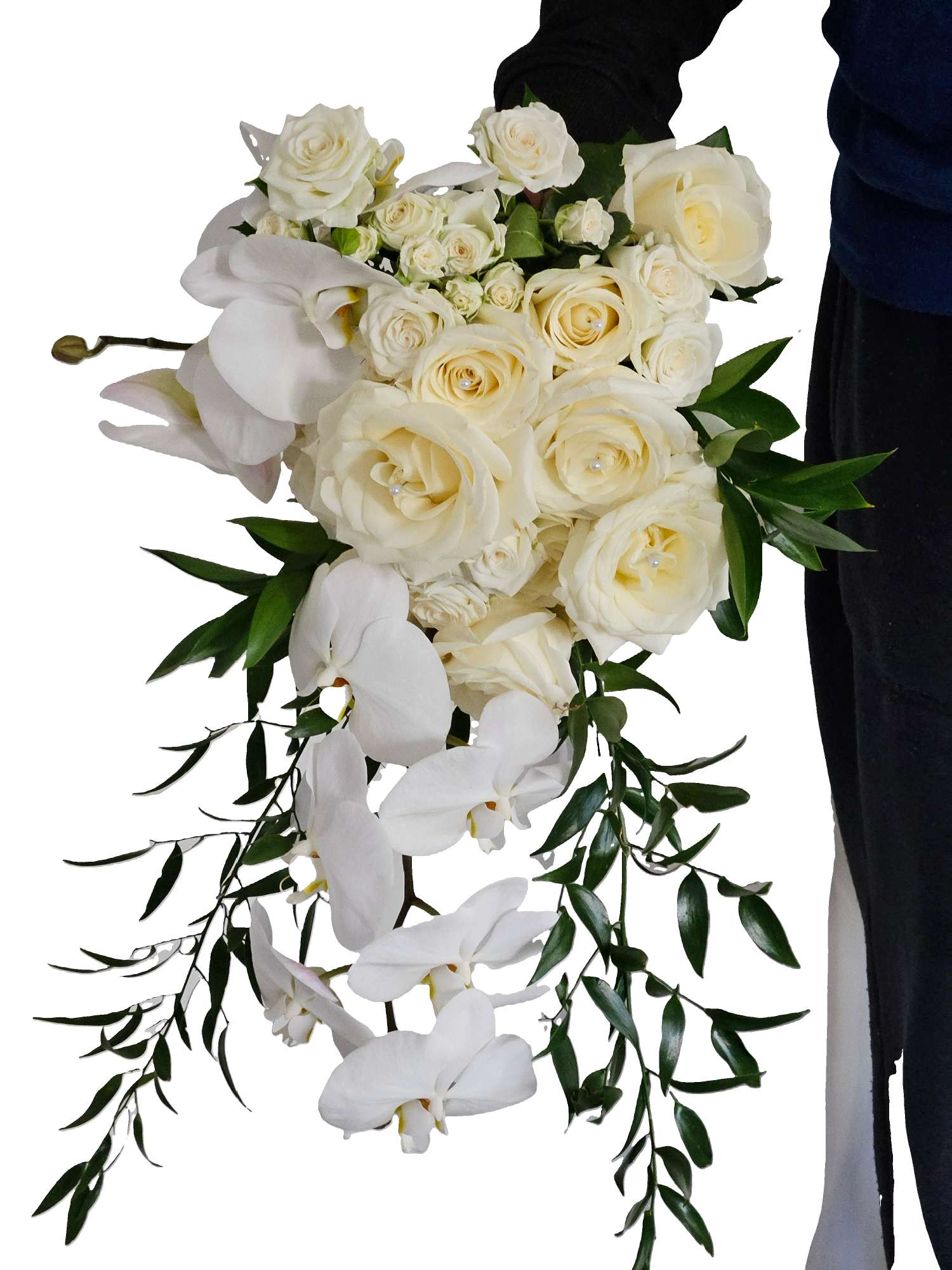 Cascading bridal bouquet of white roses, orchids, and greenery.
