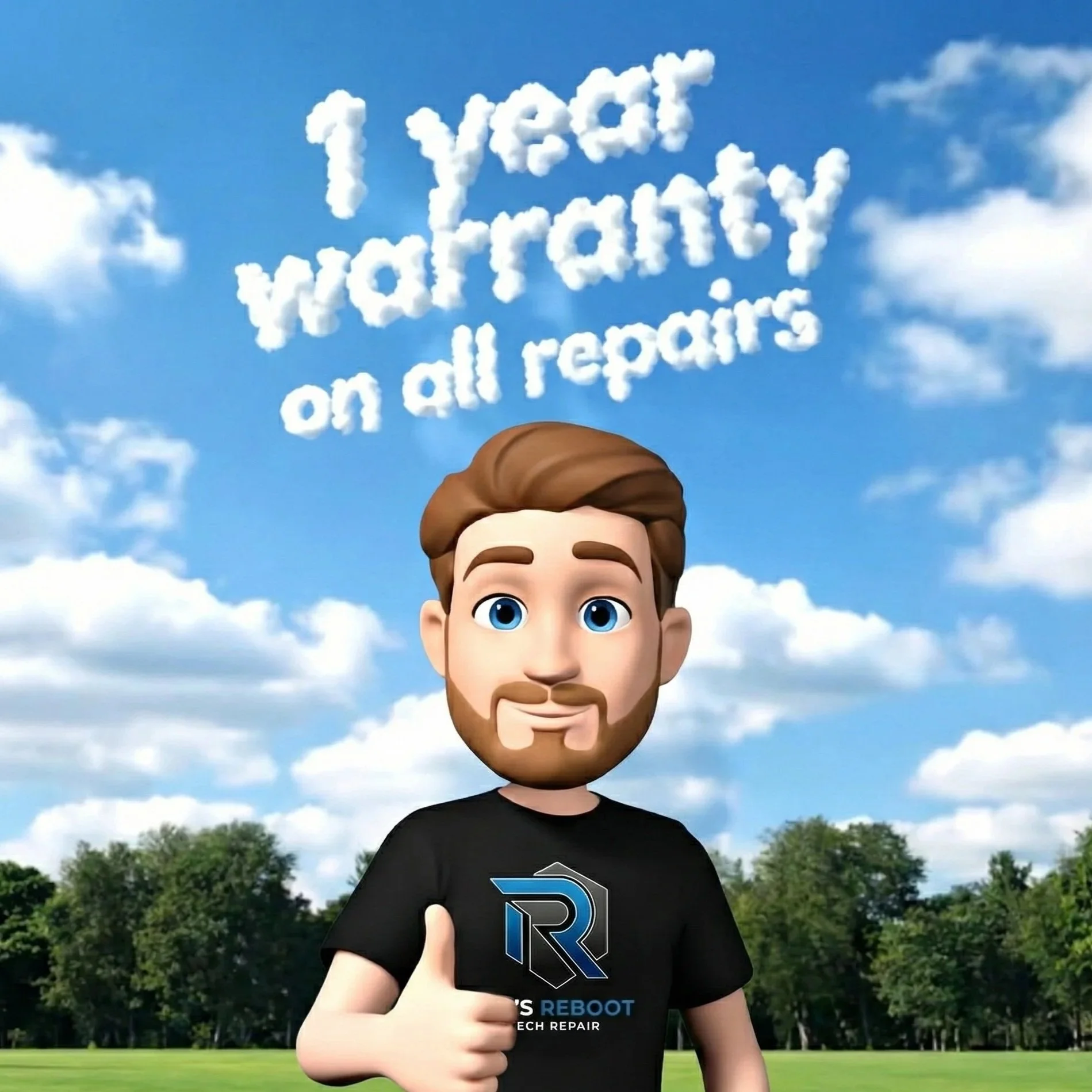 Animated character with brown hair and beard, wearing a black t-shirt, giving a thumbs-up in a park with trees and a blue sky, with cloud-like text above reading '1 year warranty on all repairs'.