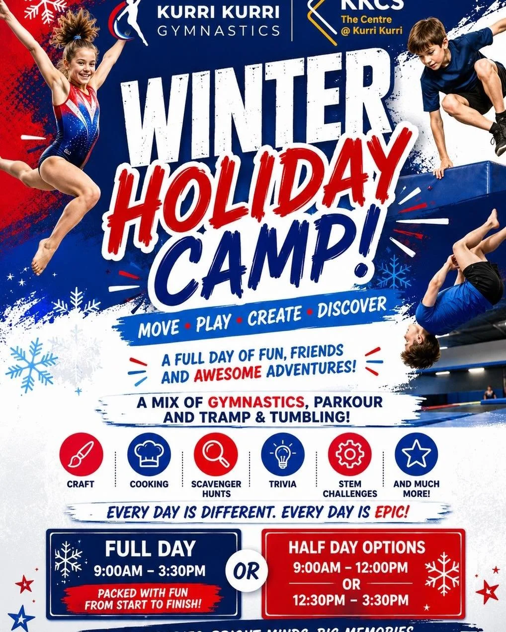 ❄️🤸&zwj;♀️ KURRI KURRI GYMNASTICS WINTER HOLIDAY CAMP 🤸&zwj;♂️❄️

Looking for an action-packed way to keep the kids active these holidays? Our Holiday Camp is back with a huge range of fun activities for all ages!

Gymnastics, Parkour, Tramp &amp; 