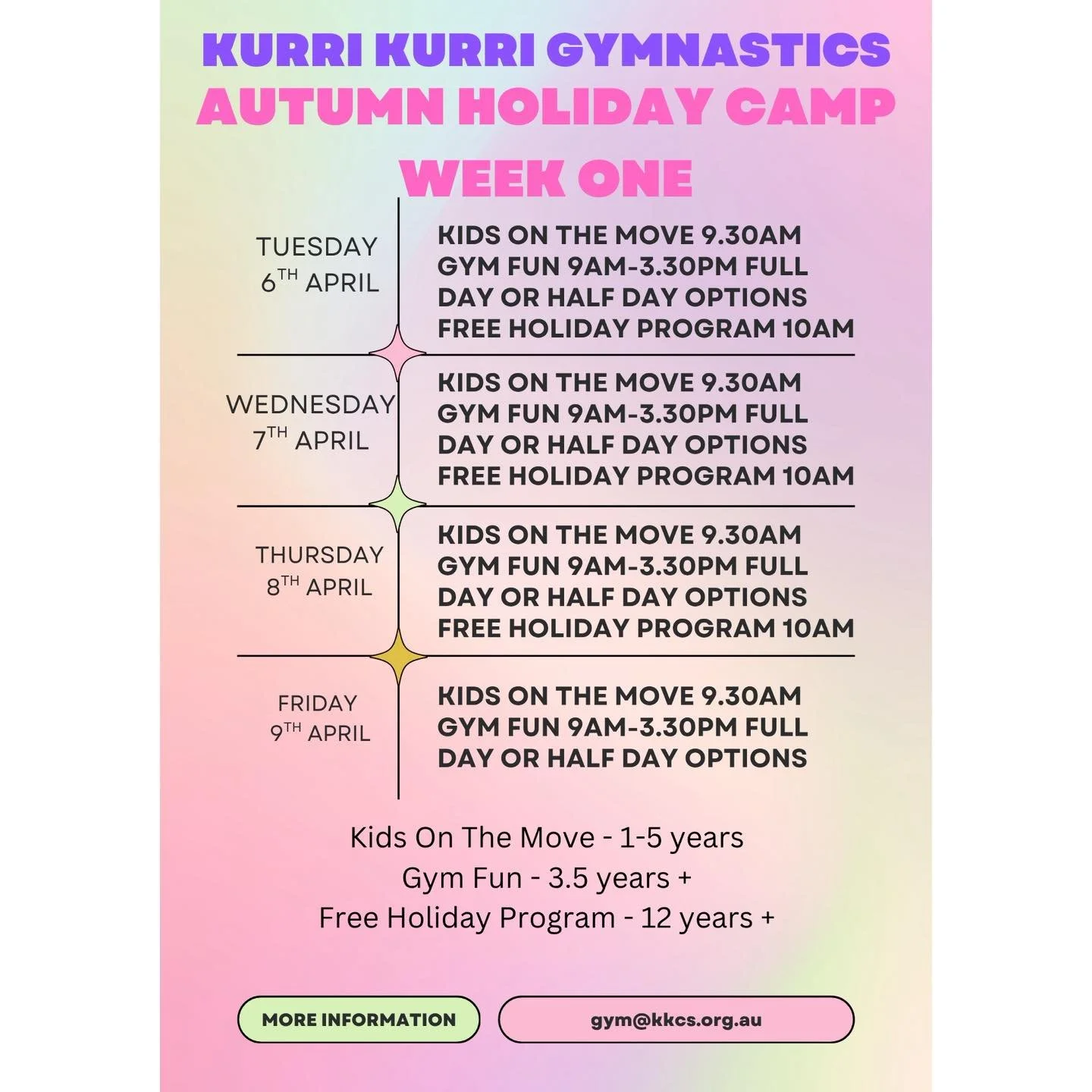 We are now closed for the Easter Long Weekend. We will reopen Tuesday 7th April for our holiday programs! 

Paid Holiday Classes &amp; Kids On The Move - https://app.classmanager.com/pay-as-you-go/the-centre-kurri-kurri-gymnastics-club

Free 12+ up h