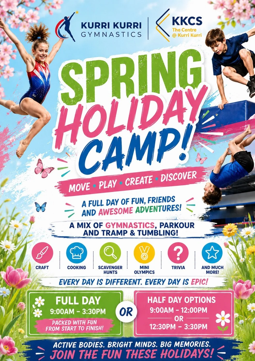 🌸 KURRI KURRI GYMNASTICS SPRING SCHOOL HOLIDAY CAMP 🌸

Looking for an action-packed way to keep the kids active these school holidays? Our Spring School Holiday Camp is back with a huge range of fun activities for all ages!

🤸 Gymnastics
 🏃 Parko