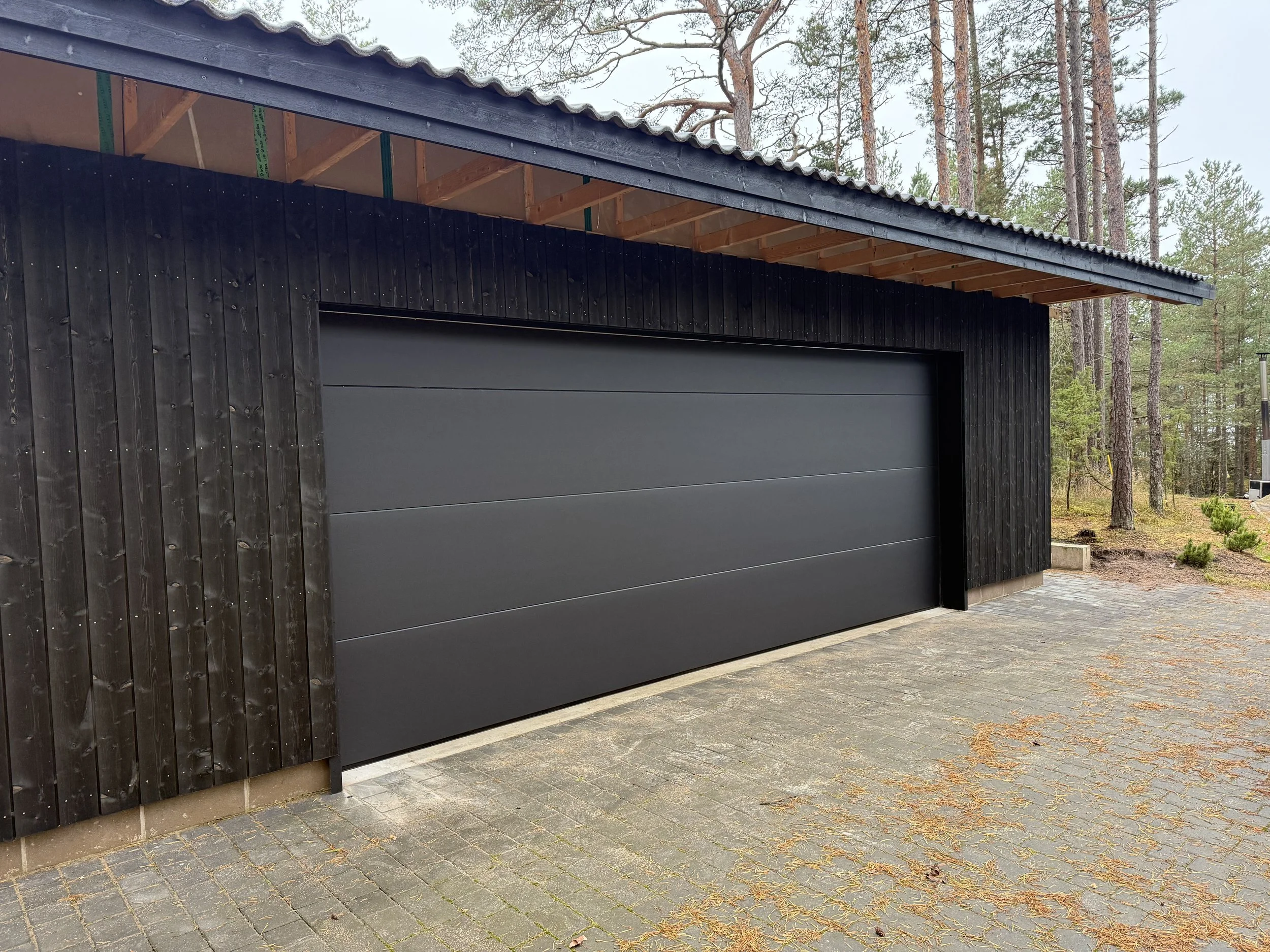 Close-up of a modern garage door on a house with a paved driveway, white walls, wood accent, black roof, and a small green bush on the right side.
