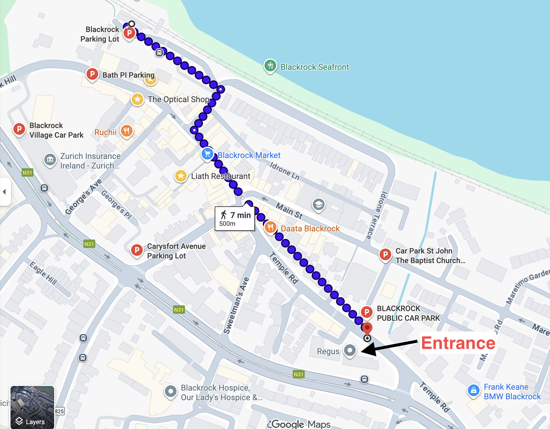 Map of Blackrock with walking directions from the entrance of Blackrock Public Car Park to therapy practice