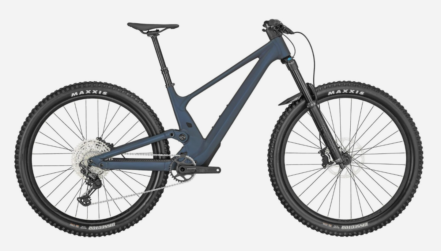 Black mountain bike with full suspension, Maxxis tires, and disc brakes on a white background.