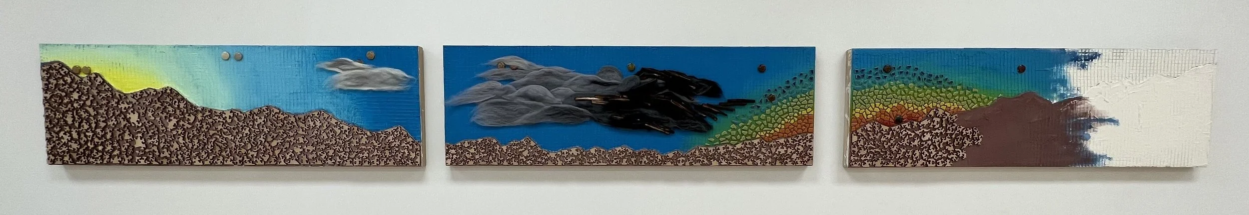 acrylic paint, mosaic tiles, wool, and wooden puzzle pieces; 2'x4' panels