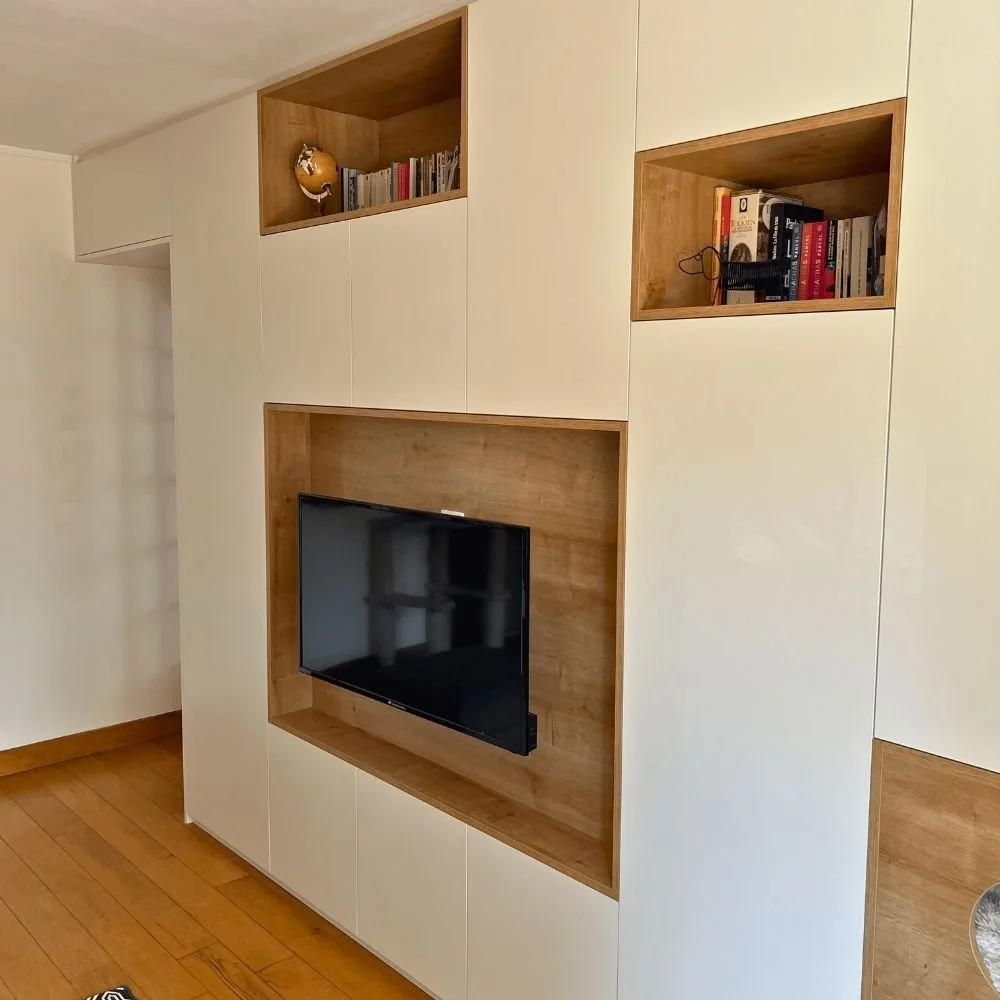 Bibliothèque avec meuble TV dans un salon à Tours