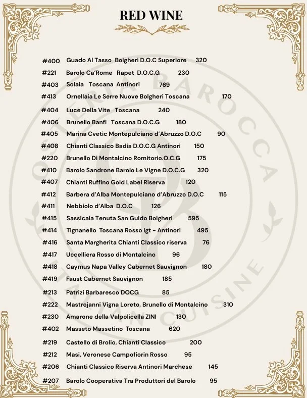 Wine menu listing various red wines with their names, regions, and prices.
