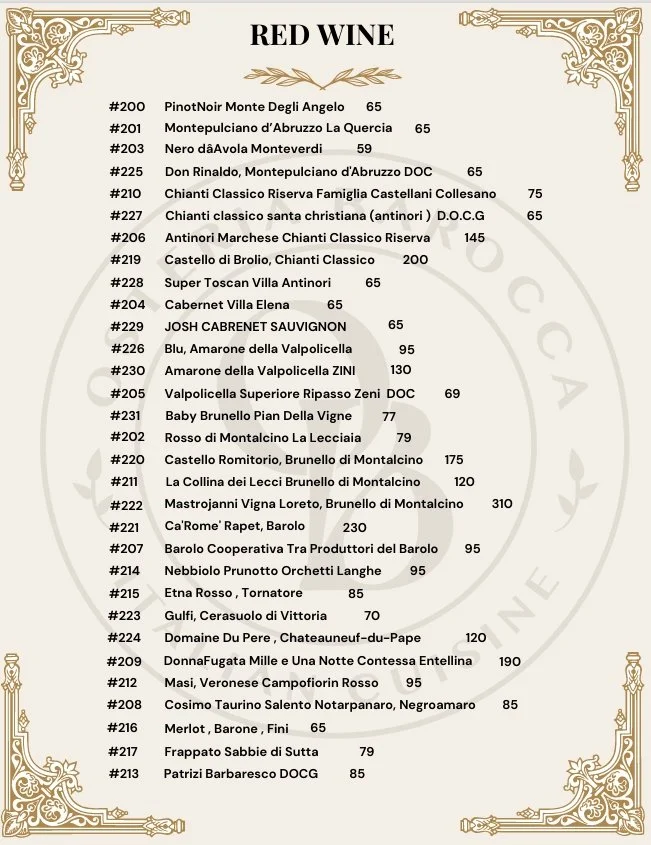 Menu listing various red wines with names, numbers, and prices.