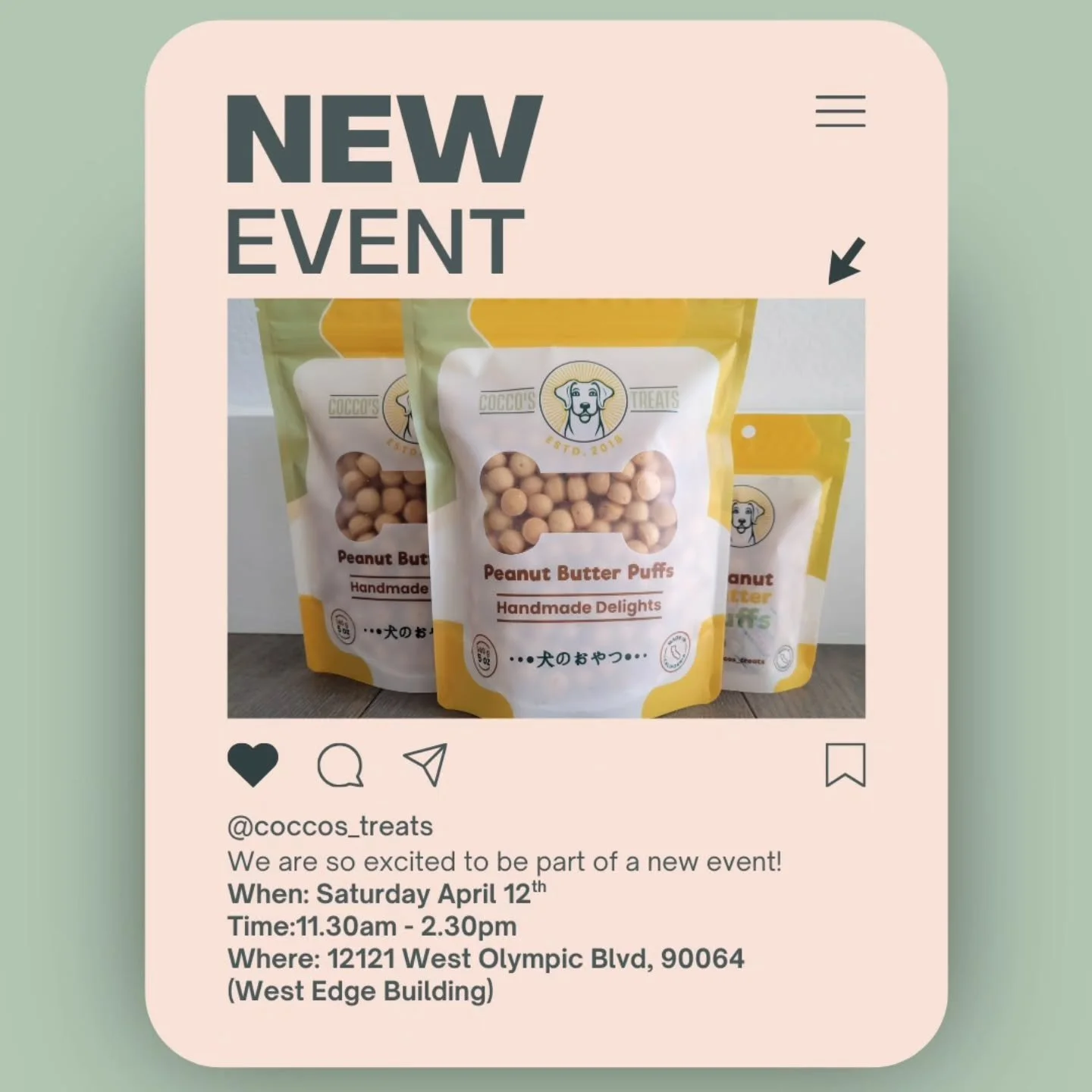 Join us this Saturday at the Health and Wellness Event!
Cocco&rsquo;s Treats will be at the West Edge Building on April 12th from 11:30 am. to 2:30 pm. at 12121 West Olympic Boulevard, alongside some truly amazing vendors!
We&rsquo;ll have your pup&r