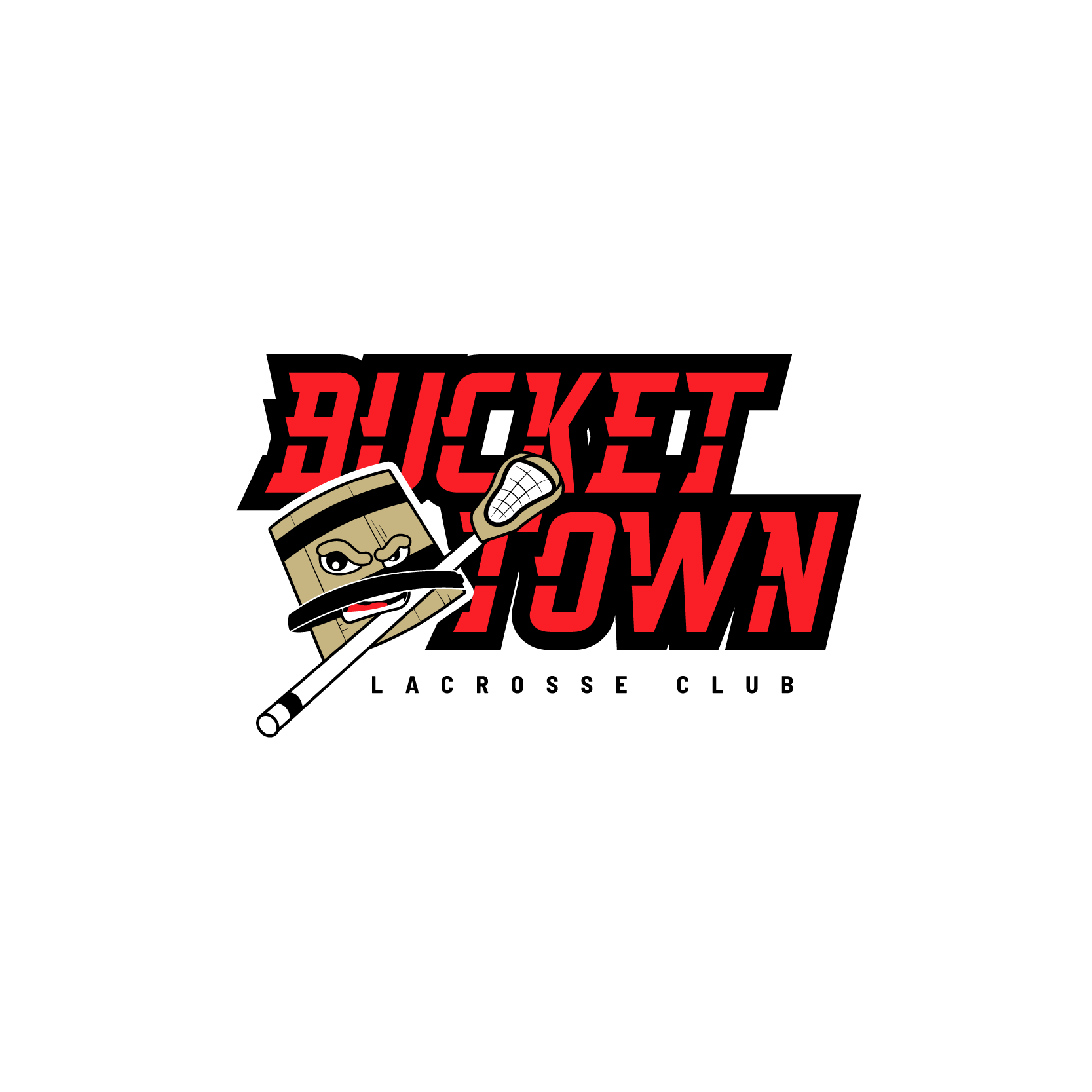 Logo for Shock Town Lacrosse Club featuring a cartoon wooden lacrosse stick character with a fierce expression, holding a lacrosse stick, with the text "Shock Town" in bold red and black letters and "Lacrosse Club" below.