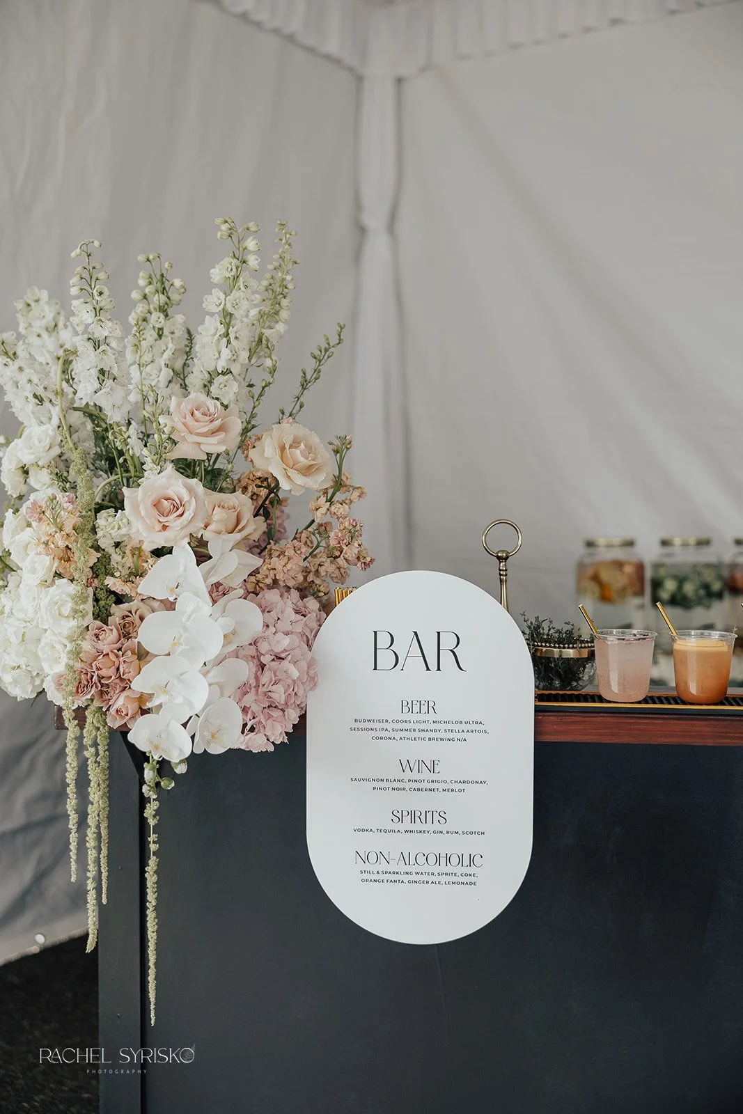 cocktail menu with blush, mauve and cream florals