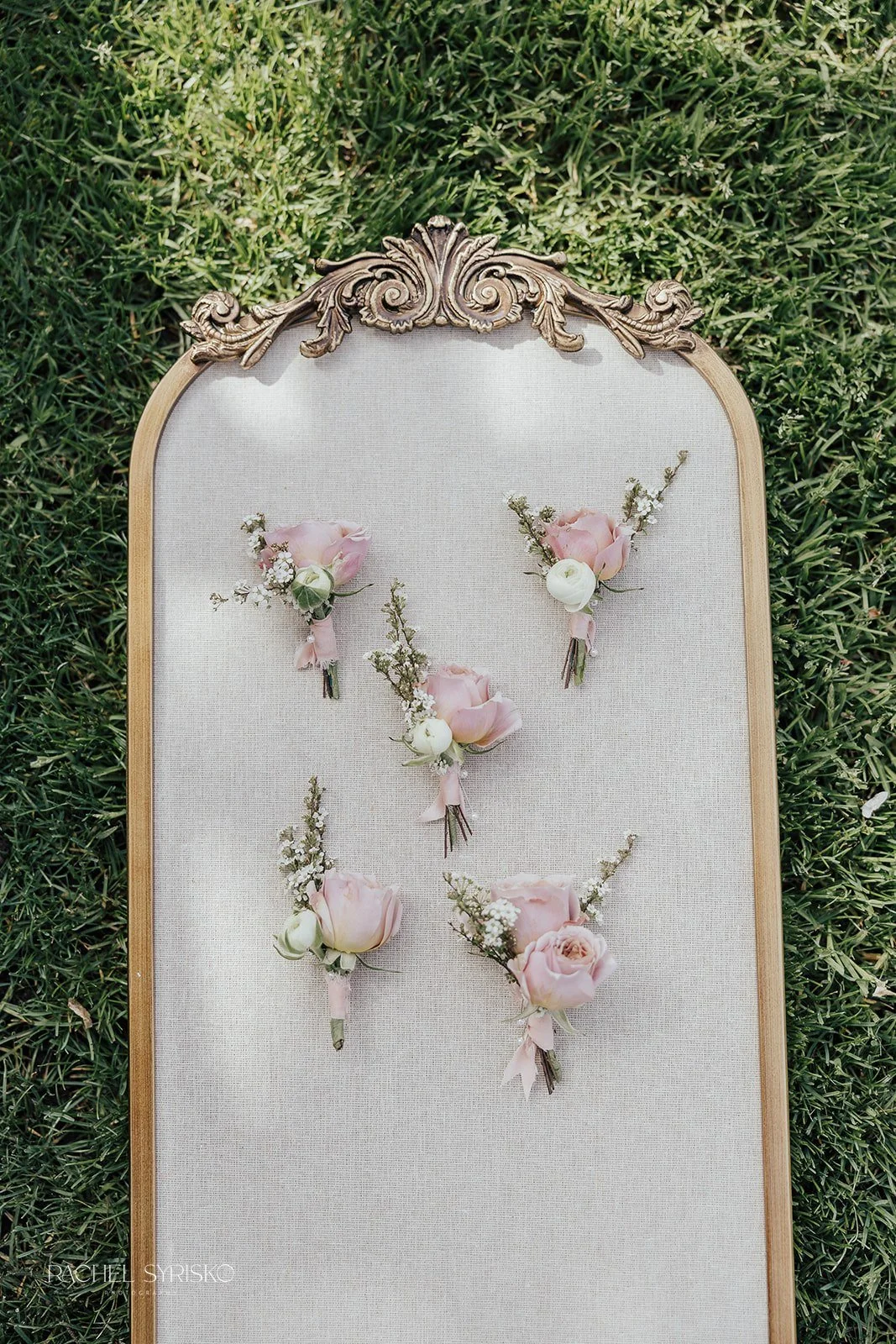 blush, mauve and cream boutonnieres