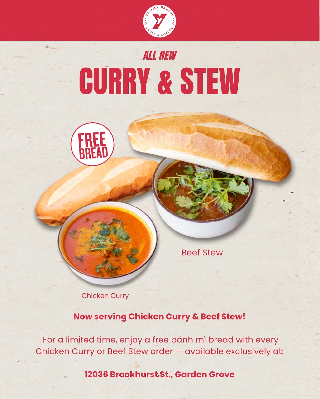 Soup season starts now, and it&rsquo;s always better with free bread 🍲

Our hearty Chicken Curry and rich Beef Stew are now available to-go. Plus, get a free b&aacute;nh m&igrave; bread with every order until November 10th!

📍 Only at 12036 Brookhu