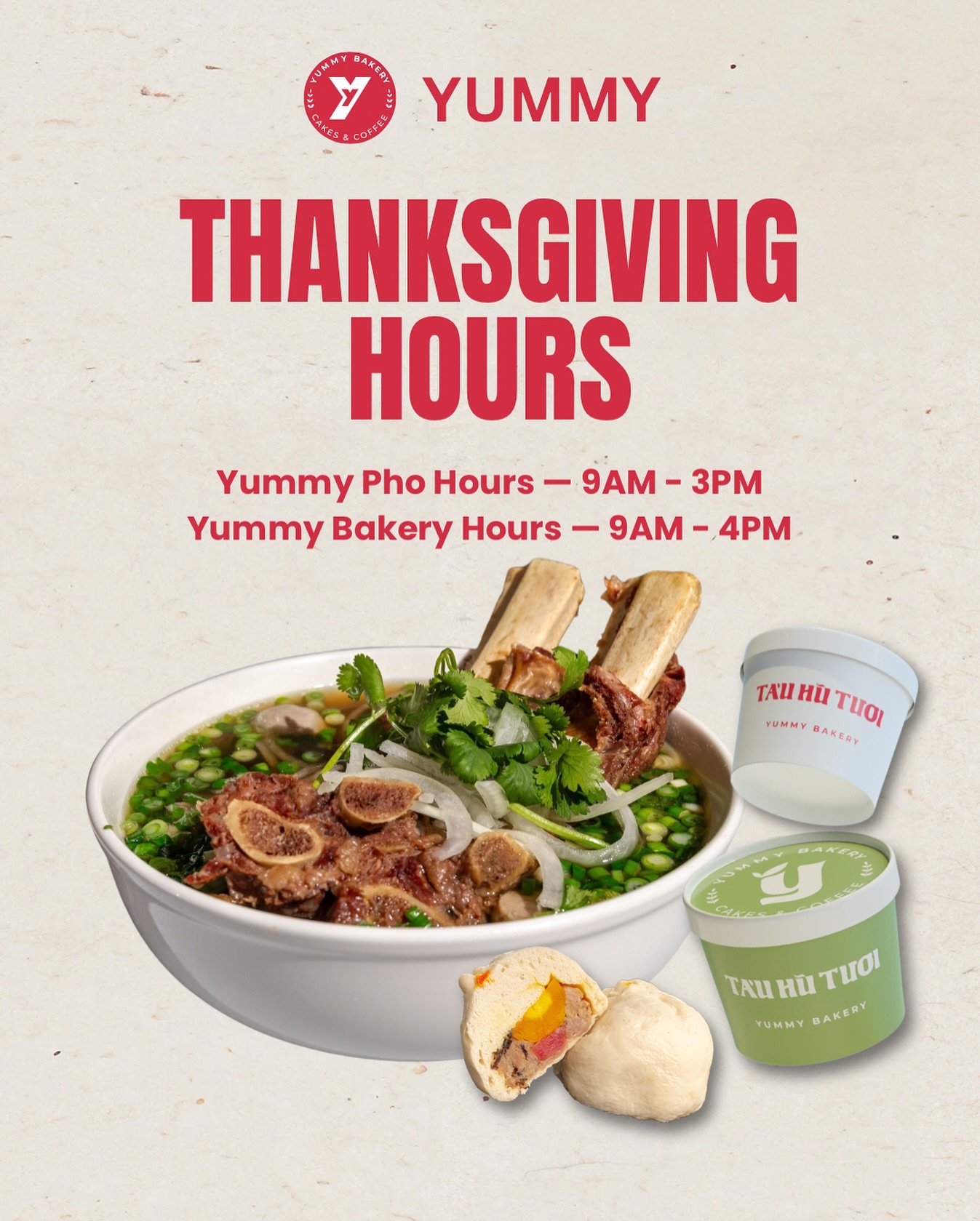 Grateful for good food and even better company 🍂 We&rsquo;ll be open Thanksgiving Day for your last-minute cravings!

Yummy Pho: 9AM&ndash;3PM
Yummy Bakery: 9AM&ndash;4PM

#ocfood #ocfoodie #orangecounty #bakery #pastries #photographer #vietnamesede