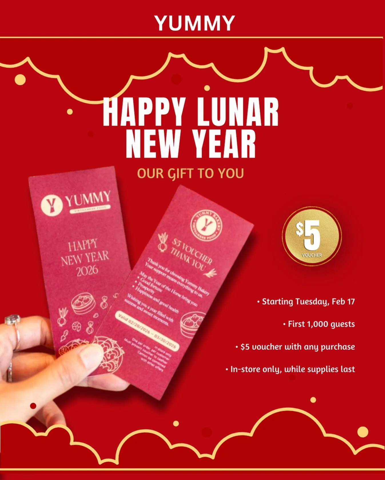 We&rsquo;re giving away $5 vouchers to the first 1,000 guests at every Yummy Bakery&mdash;starting February 17! Grab any drink, pastry, or snack and get a voucher for next time 🎉

Only while supplies last. One per guest. Vouchers cannot be stacked.

