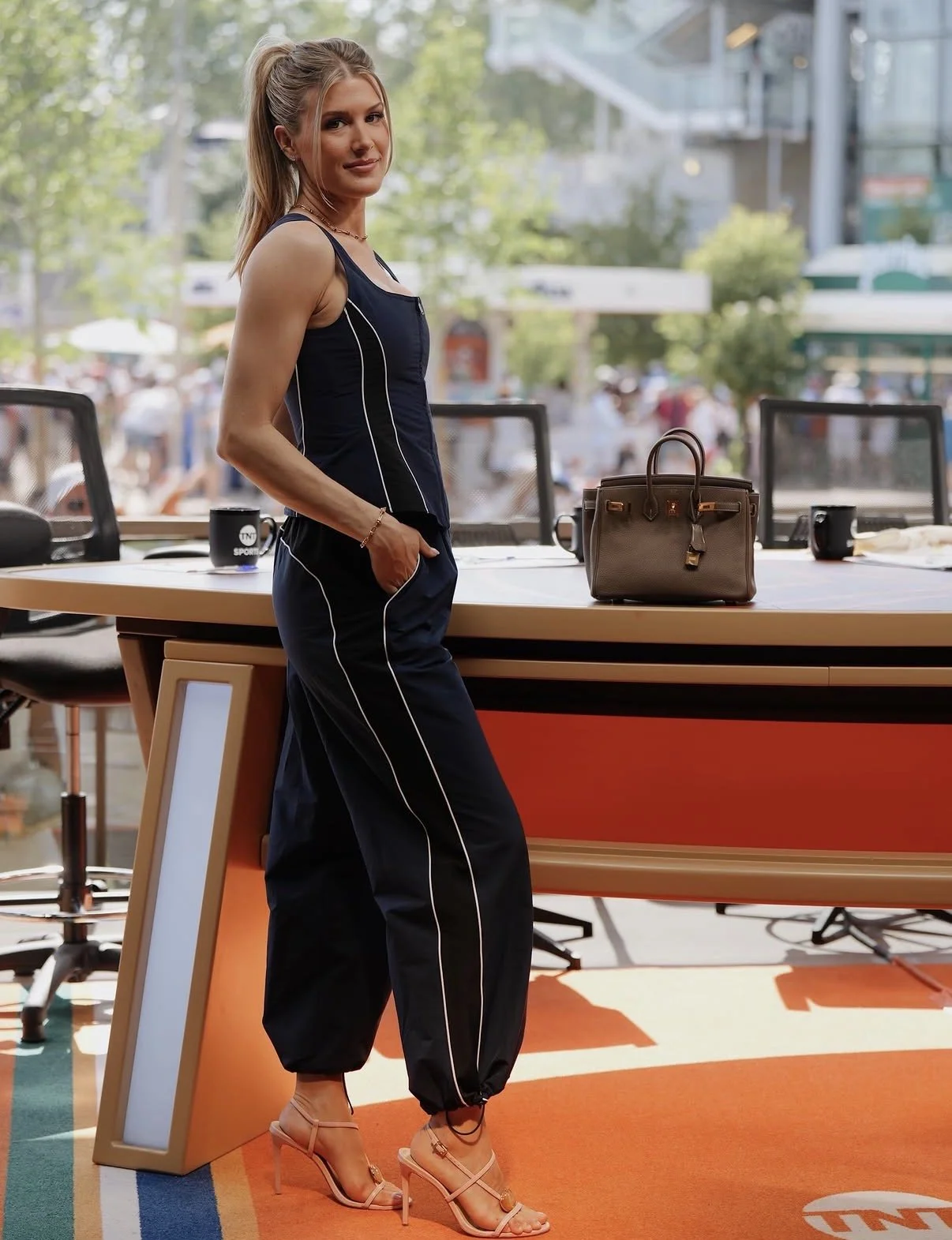 Styled by Virgnia client, Genie Bouchard corresponding for TNT Sport at 2026 French Open