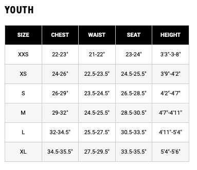 Children's clothing size chart for youth, showing measurements for chest, waist, seat, and height across sizes XXS, XS, S, M, L, XL.