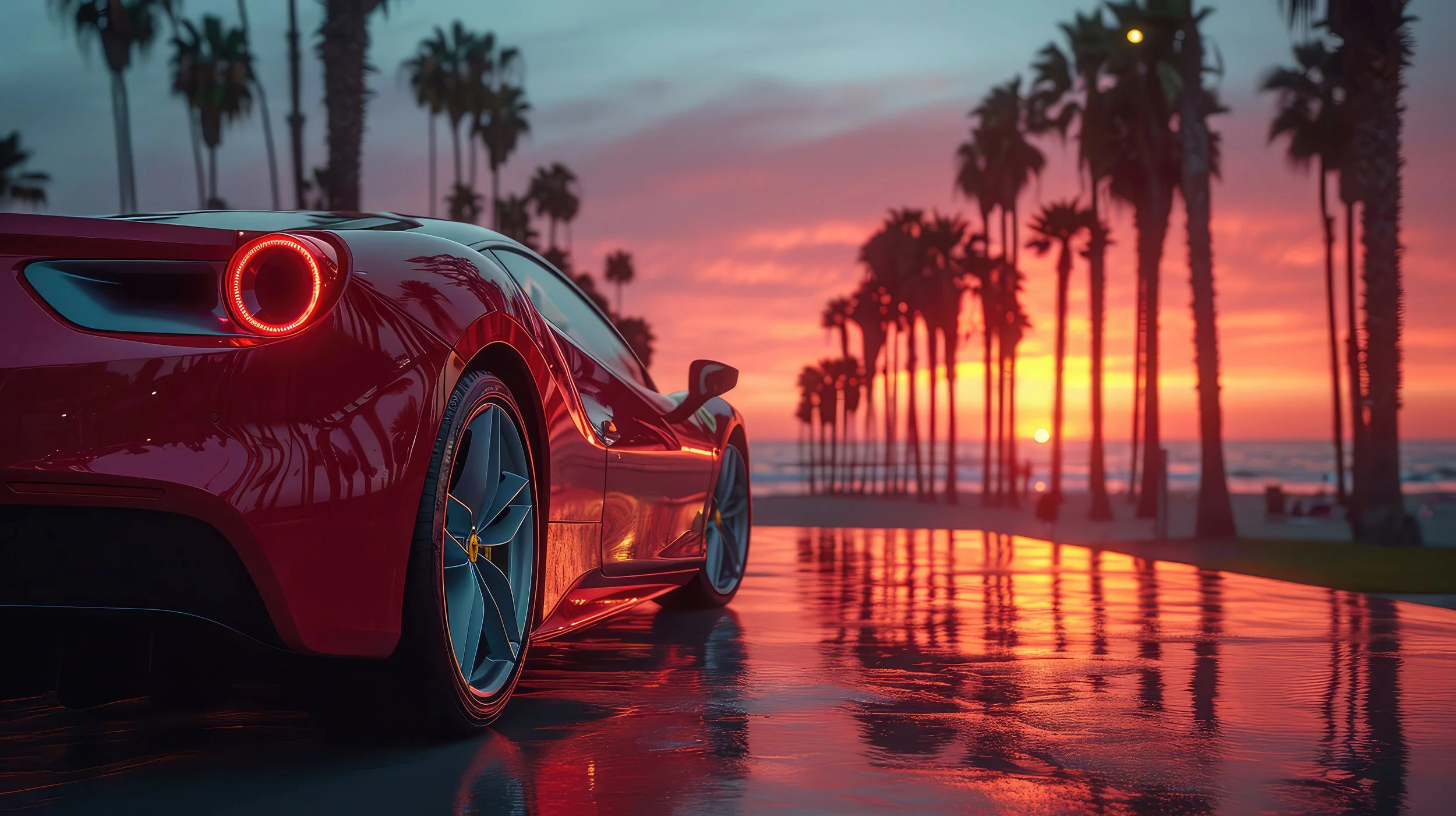 red ferrari in street with sunset background palm trees
