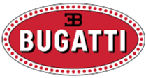 Bugatti logo with red oval background and white lettering.