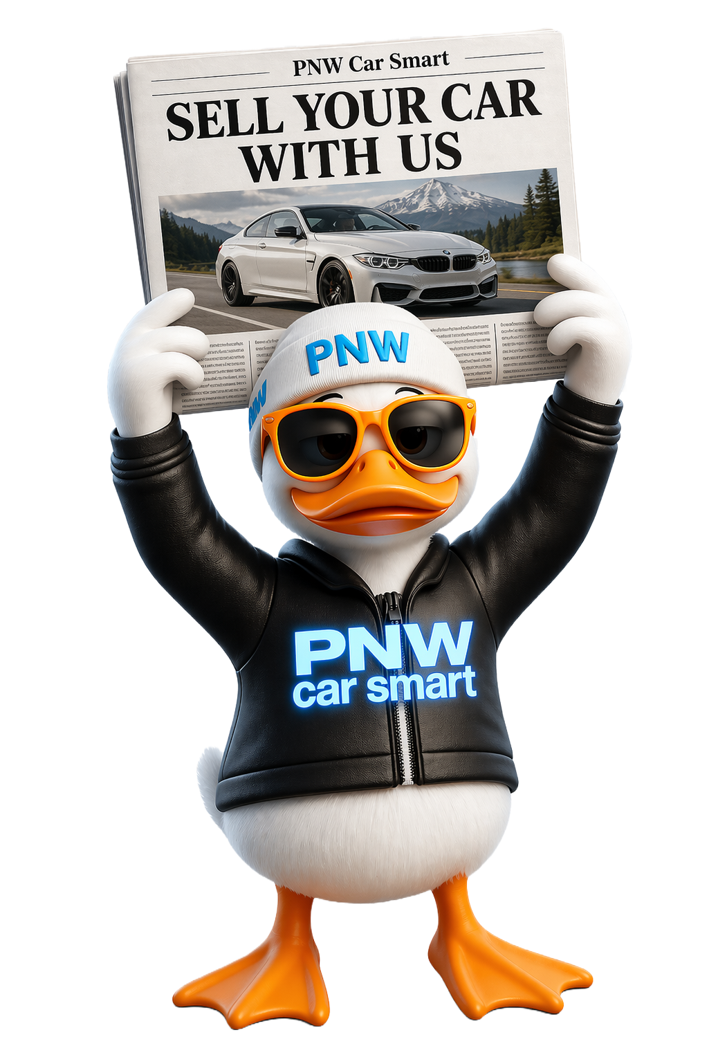stylz our duck holding up paper saying sell your car with us pnw car smart