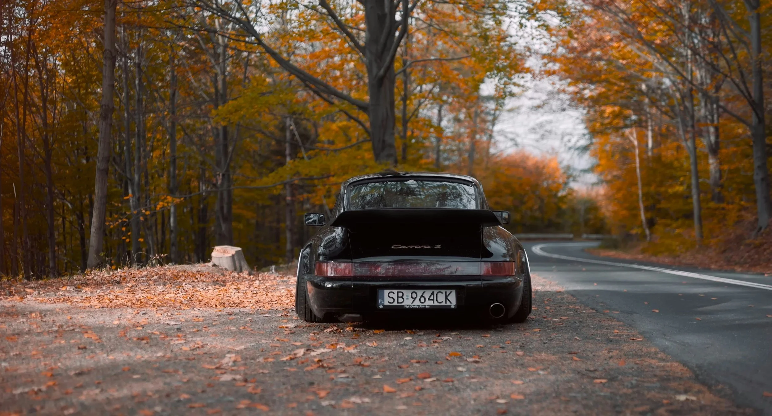 back picture of older classic car porsche wide rear fenders in black