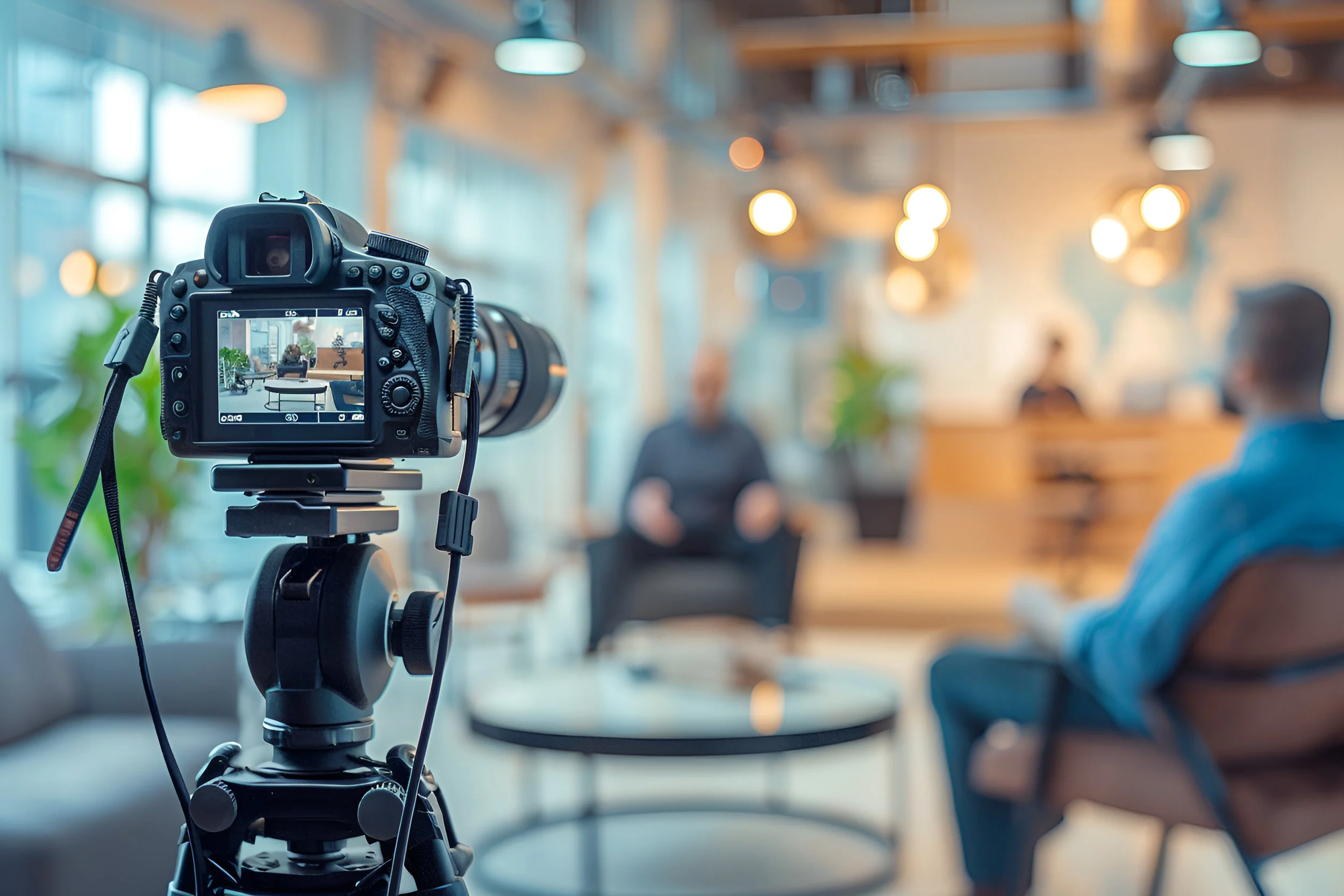 interview with 2 people in blue shirt and camera