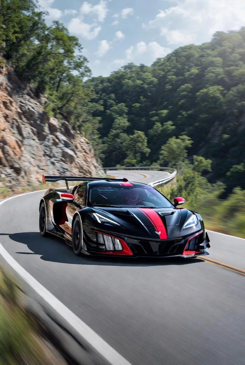 black corvette with red strip down middle with large spoiler on back on mountain road
