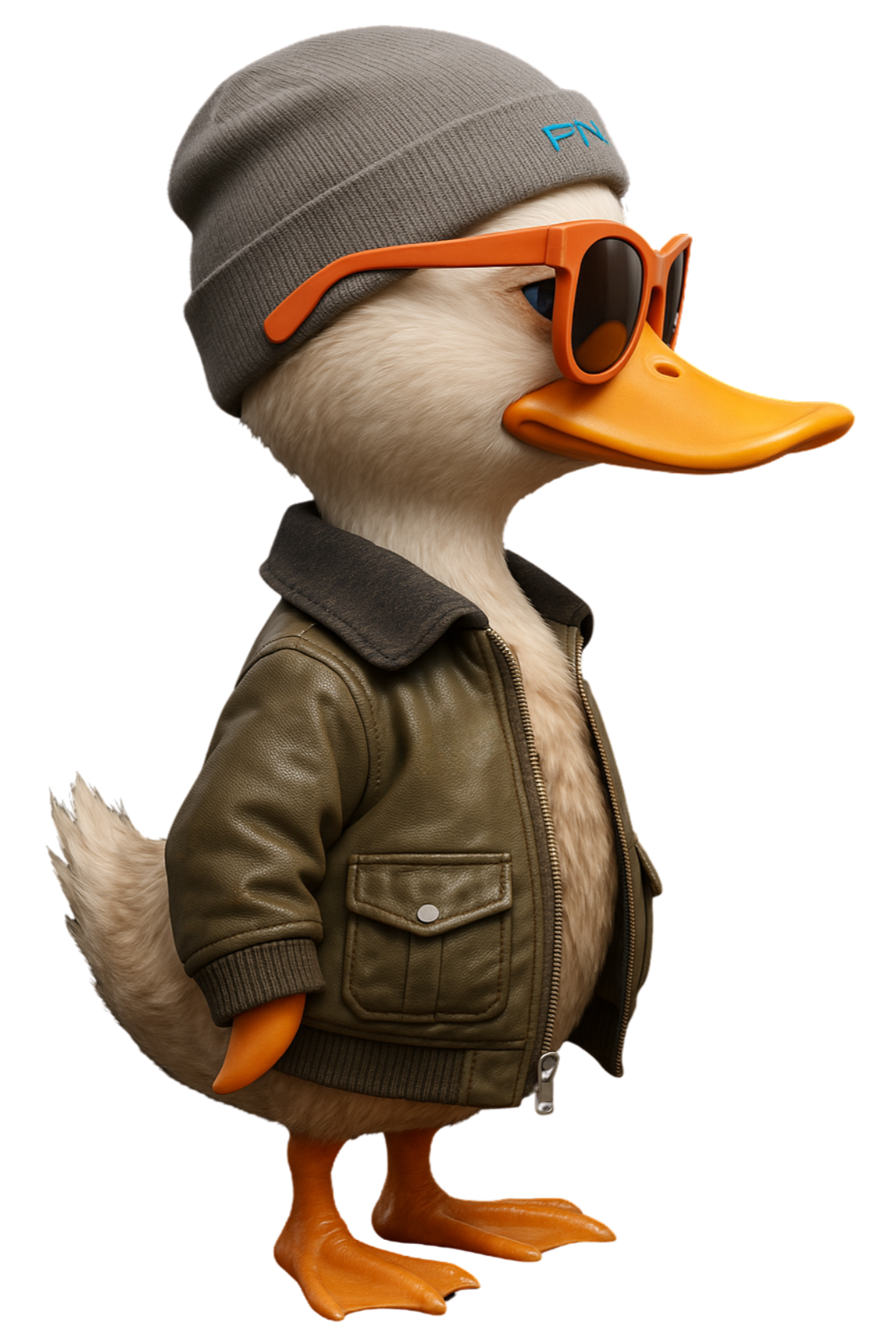 Animated duck character wearing a gray beanie, orange sunglasses, a green jacket, and standing against a black background.