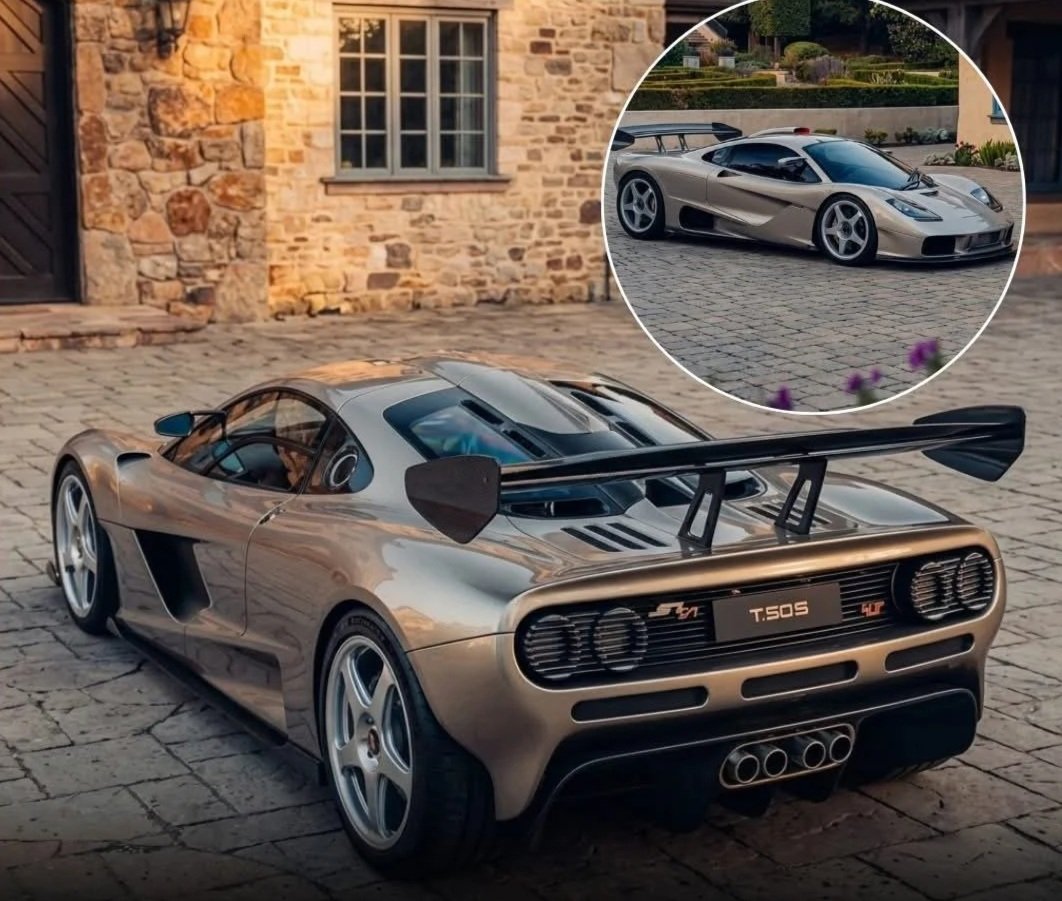 Two luxury sports cars, one parked in front of a stone house and another in a circular inset, both with sleek silver designs and aerodynamic shapes.