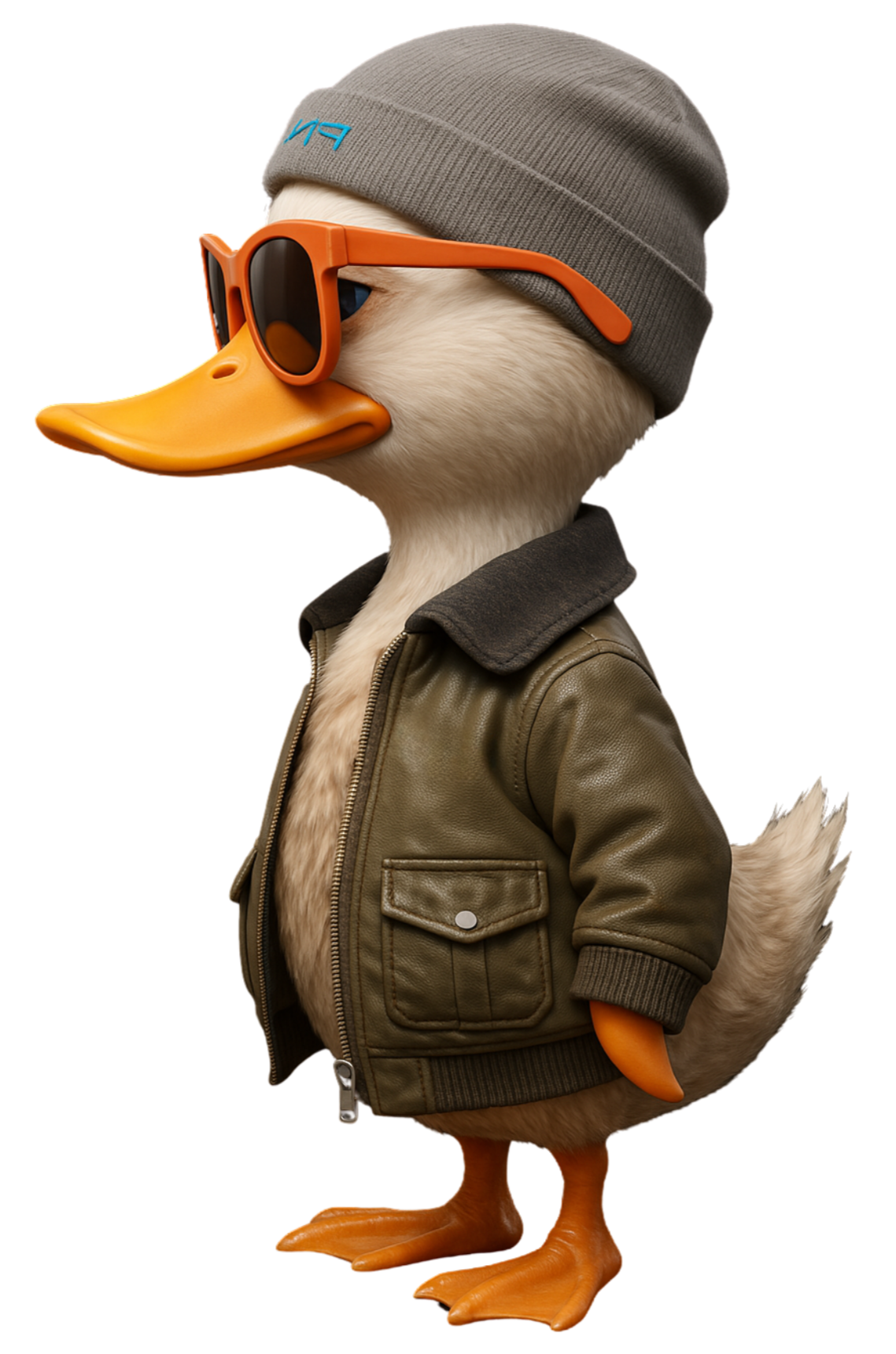 An animated duck wearing a gray beanie, orange sunglasses, a brown leather jacket, and standing with its body profile visible.