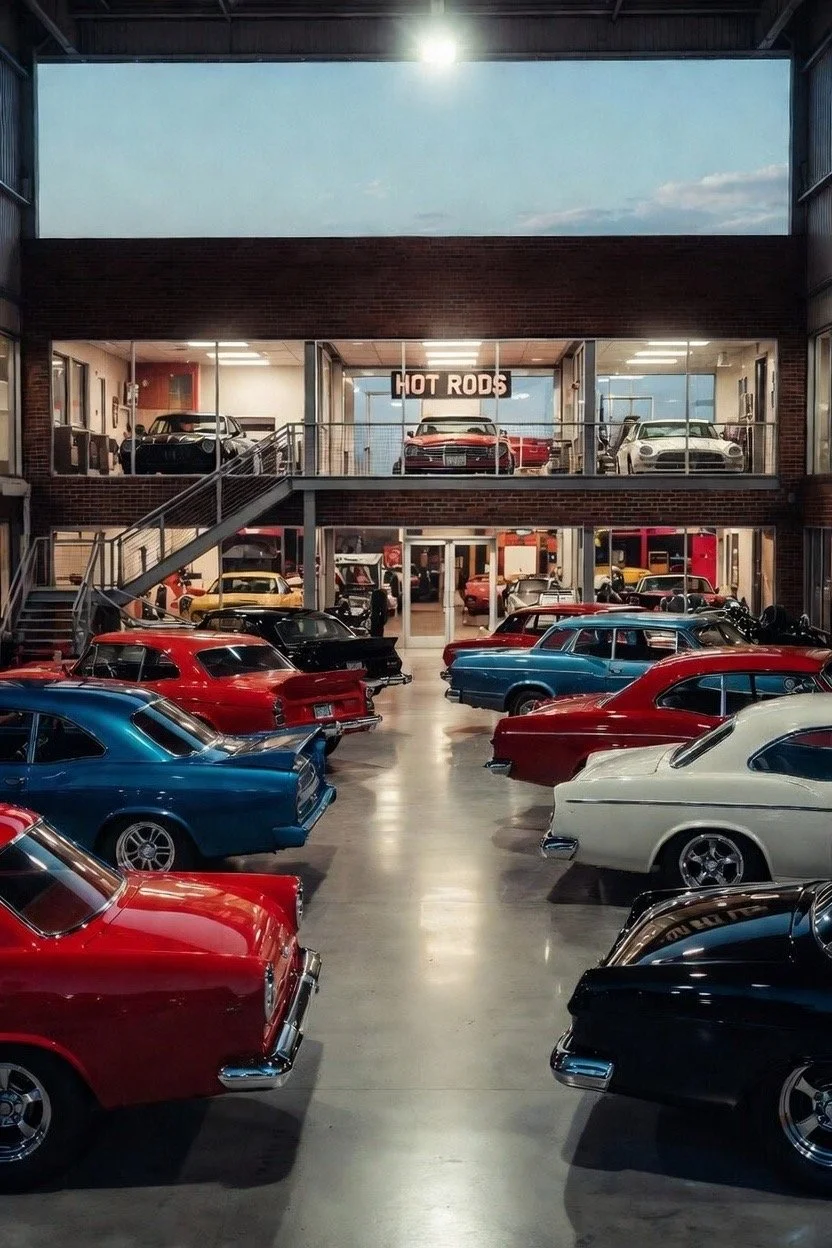 A vintage car showroom filled with classic cars in various colors, with a sign that reads 'Hot Rods' hanging above the upper level.