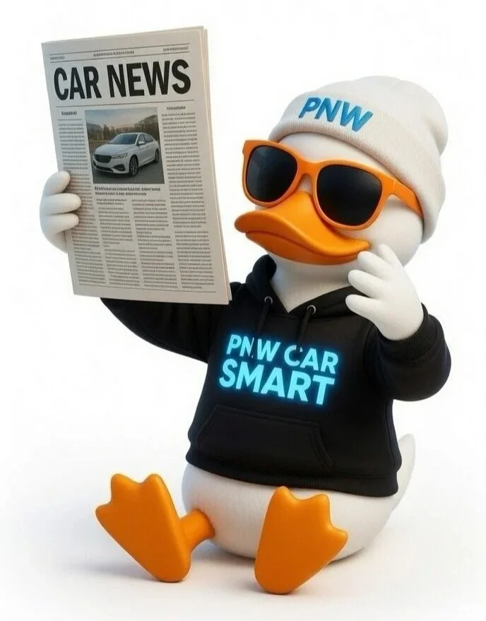 A cartoon duck wearing sunglasses, a beanie with 'PNW' on it, and a hoodie reading 'PNW CAR SMART', holding a newspaper titled 'CAR NEWS' with a picture of a car.