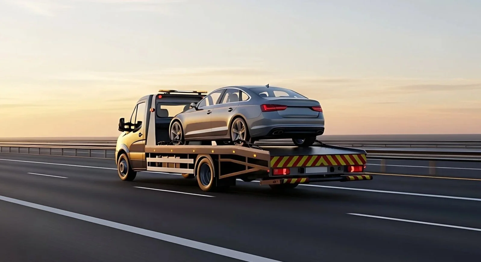 A TRUCK FLATBED TOWING TRANSPORTING A CAR ON THE HIGHWAY