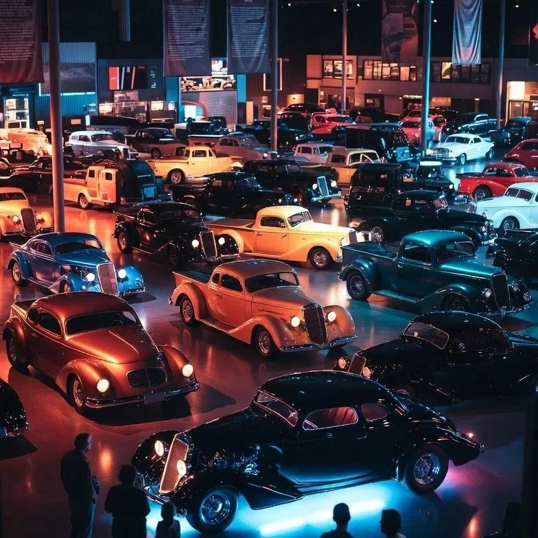 old cars all together in a car museum with lights on and picturesque view of all the cars in the building with large drapes coming down in the back with PNW Car Smart