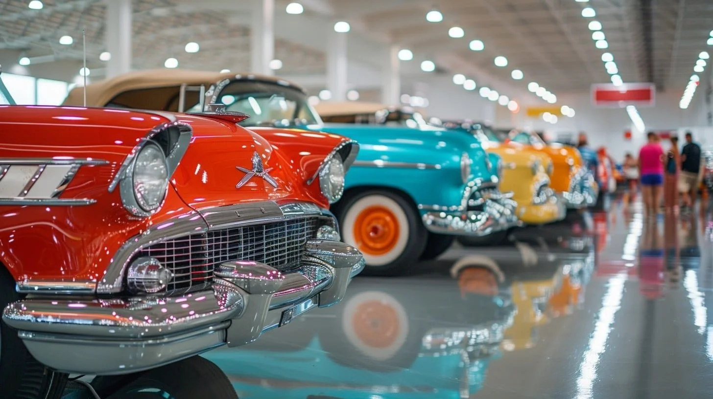 Lineup of vintage cars in an indoor showroom with reflections on the polished floor and people viewing.
