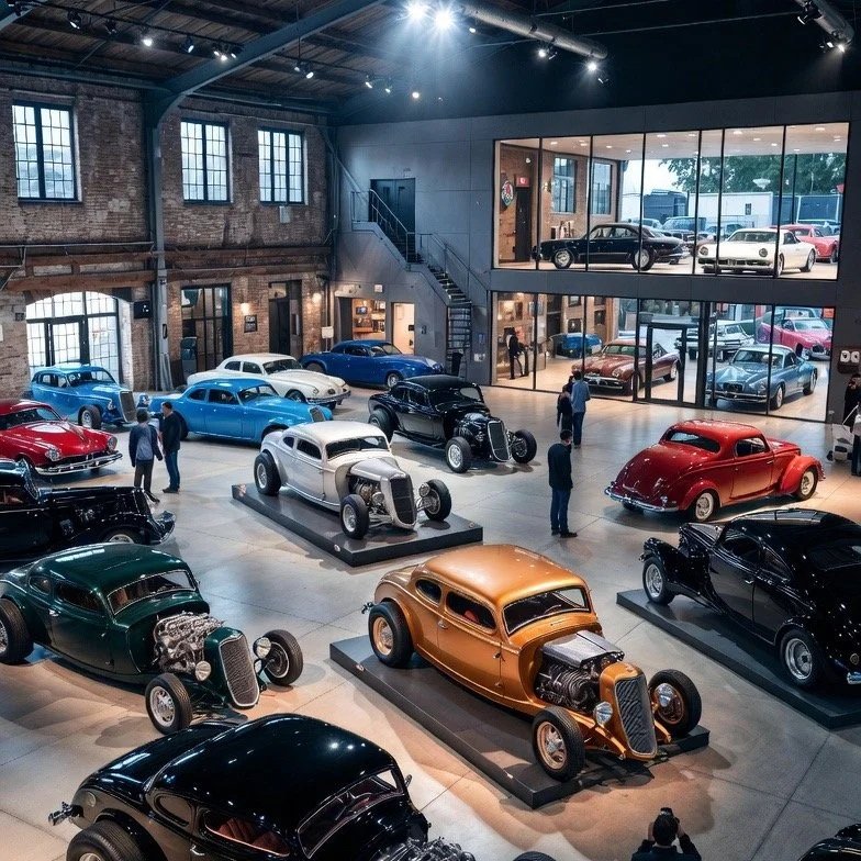 2 story car museum with hot rods, classics, jaguars red bluw orange black blue and brown  with pnw car smart