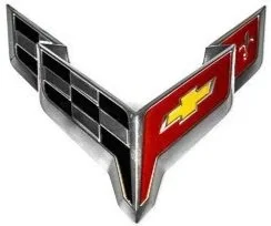 Chevrolet Corvette emblem with a red flag and a checkered flag.
