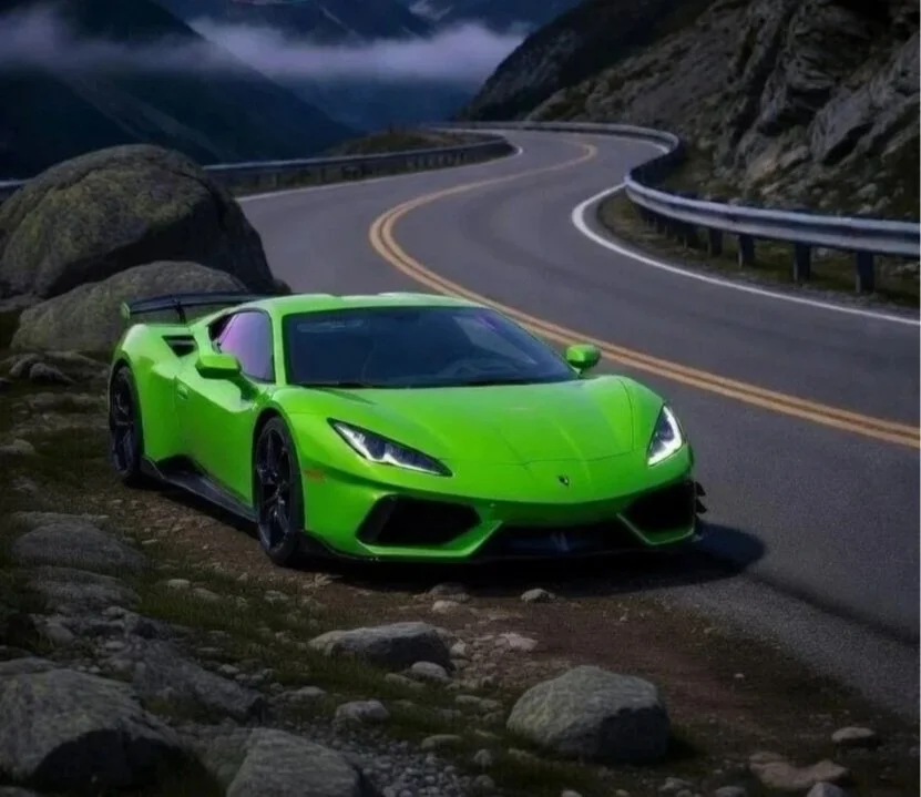 green neon corvette parked on side of mountain road ai made