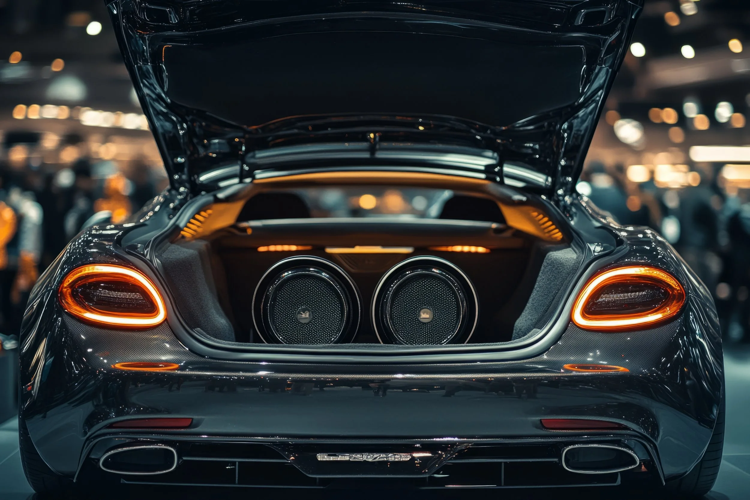 CARBON FIBER SUBWOOFERS IN CAR BLACK RED TAILIGHTS