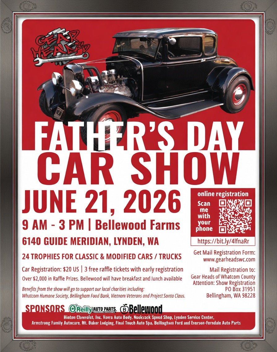 red white poster for car show with hot rod car on top black