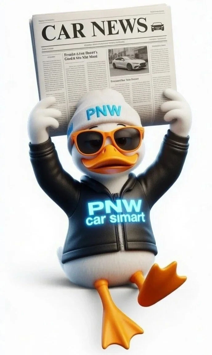 A cartoon duck wearing orange sunglasses, a beanie, and a black leather jacket, holding a newspaper titled 'Car News'. The duck has the words 'PNW car smart' on its chest.