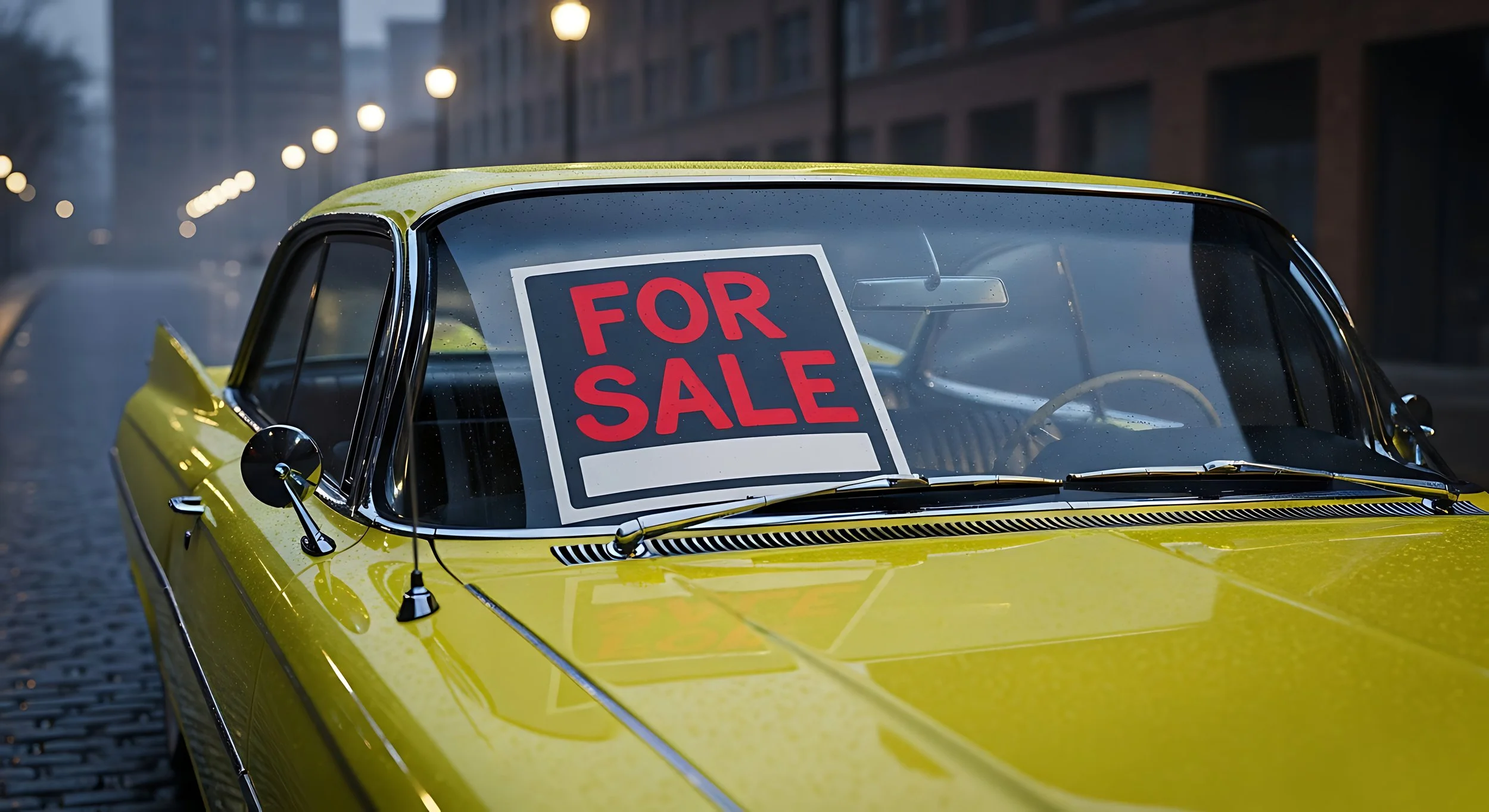 YELLOW CAR WITH FOR SALE SIGN IN FRONT WINDOW