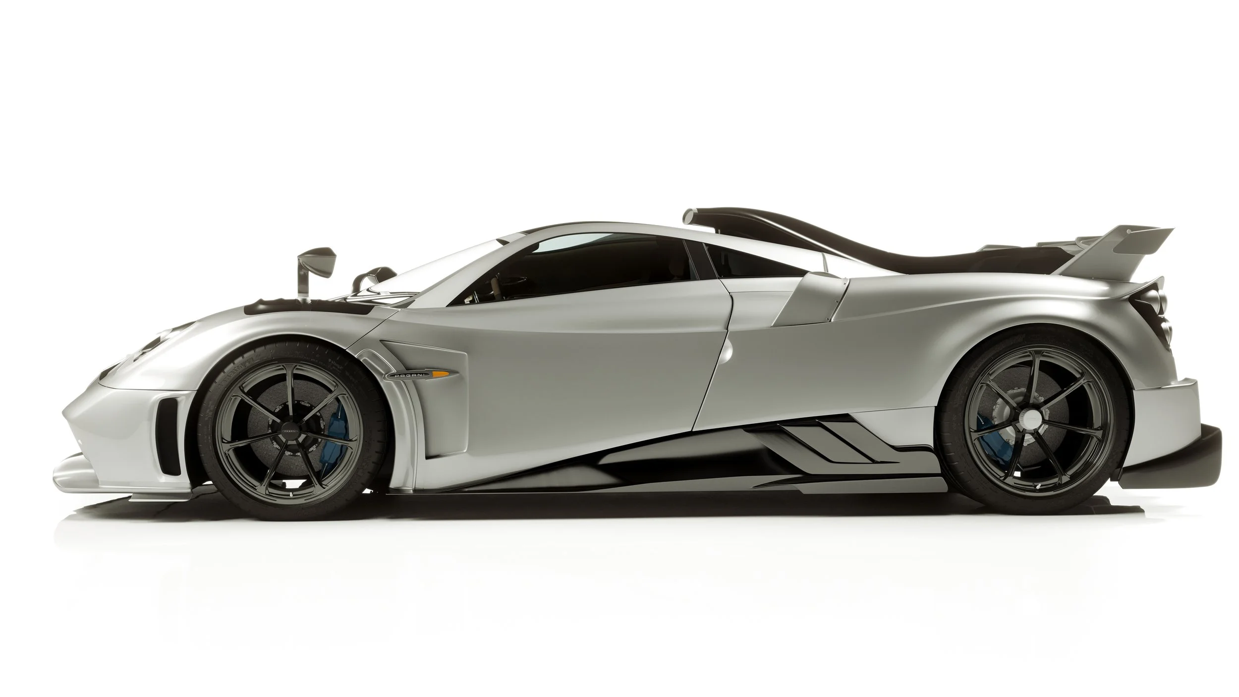 white sports car high arching mirrors on hood wing on back black accents blue brakes