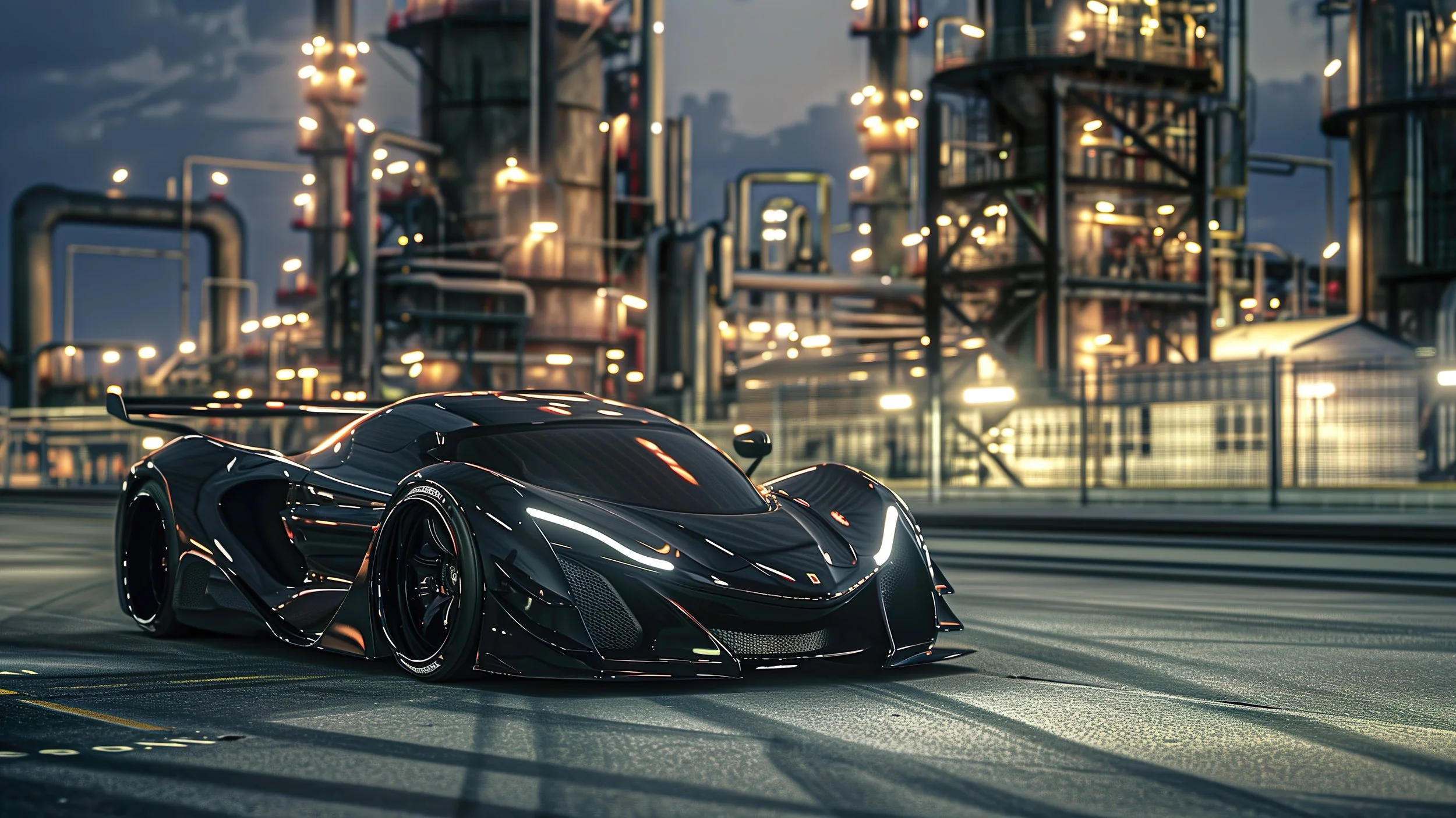 blacked out car black wheels driving though industry fenced road
