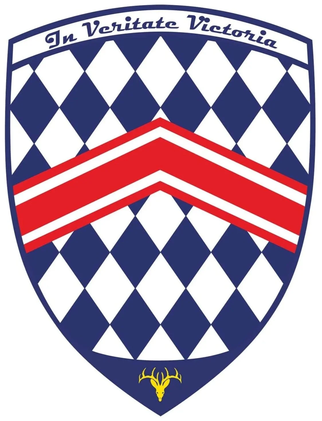 A shield-shaped logo with a blue and white checkered pattern, red chevron stripes in the middle, and the phrase 'In Veritate Victoria' at the top. A small yellow stag head is at the bottom of the shield.