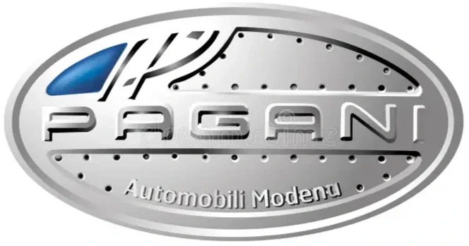 silver with blue on corner designed logo for pagani cars