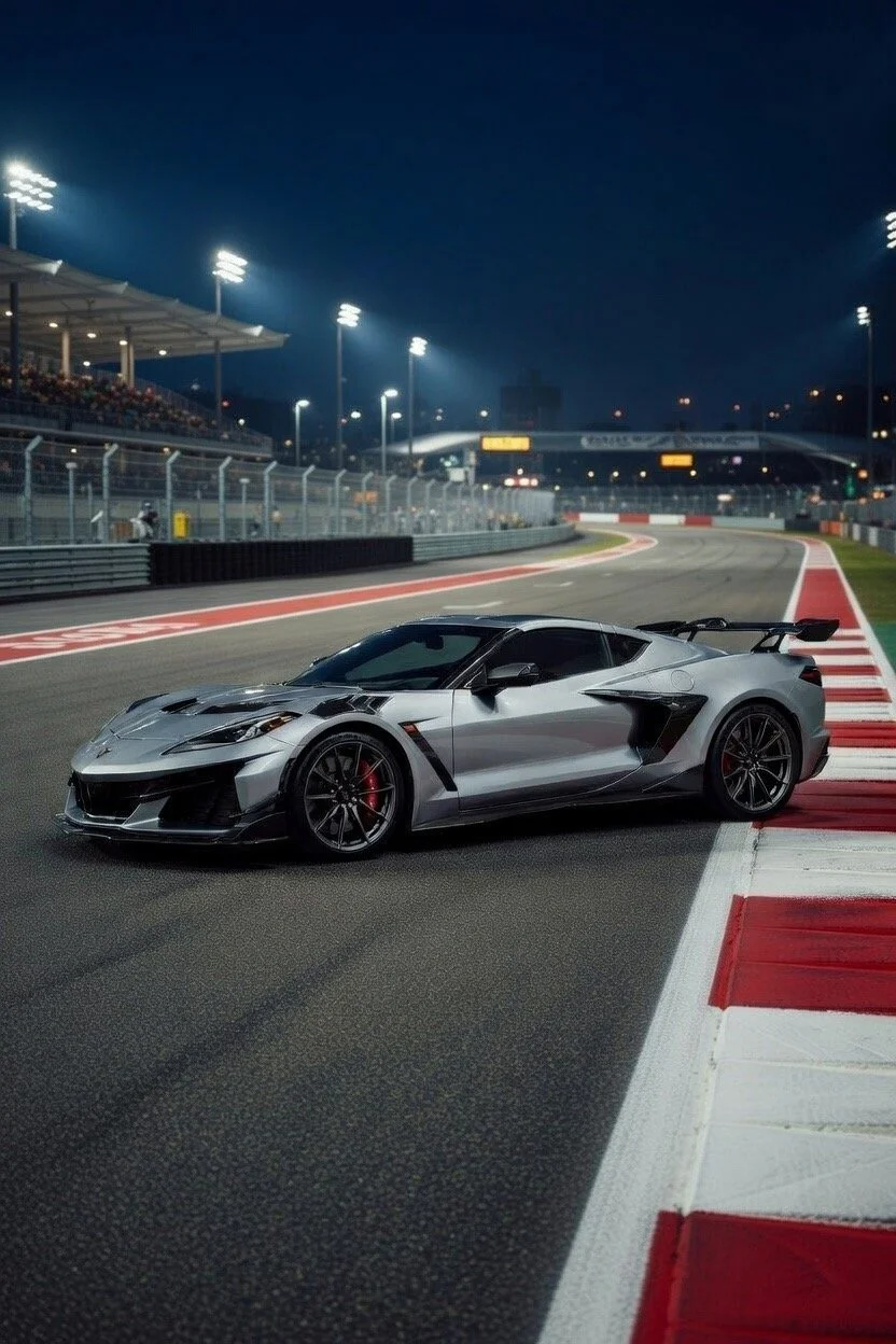 silver corvette on racetrack parked ai shot red brakes speedway
