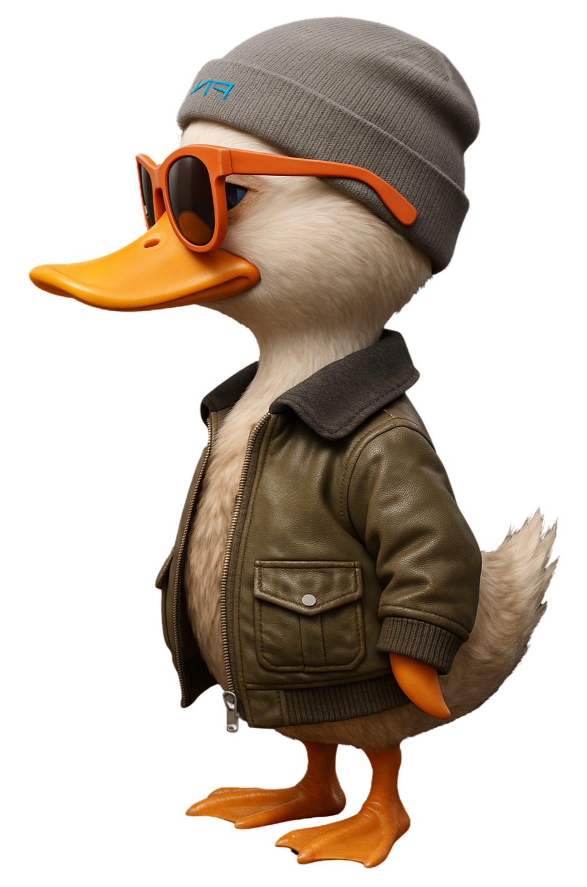 Animated duck character wearing sunglasses, a beanie, a leather jacket, and standing in profile.