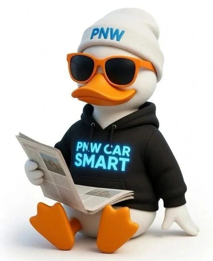 A cartoon duck wearing a white beanie with blue letters 'PNW', orange sunglasses, a black hoodie with glowing blue text 'PNW CAR SMART', holding a newspaper, sitting on a plain white background.